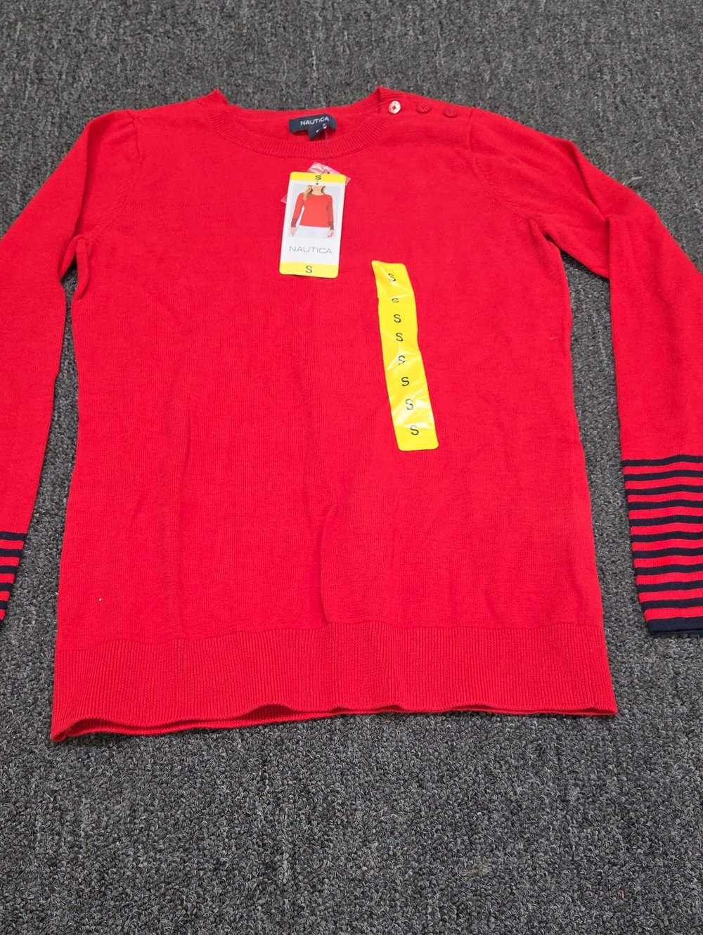 (#4C) Nautica Women's Bright Red Crewneck Sweater with Navy Stripe Cuffs